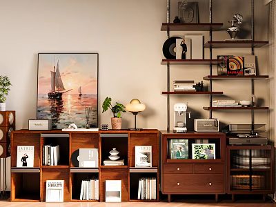 Wooden Storage Cabinet Featuring Open Shelves Holding Books Decorative Plants And Lamps 3d model