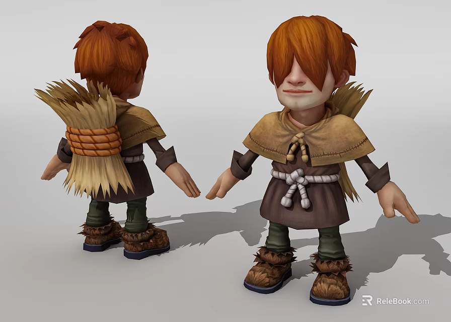Cartoon 3D Game Character With Red Hair Brown Cloak Green Pants Straw Backpack Front Back 3d model 