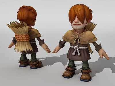 Cartoon 3D Game Character With Red Hair Brown Cloak Green Pants Straw Backpack Front Back 3d model