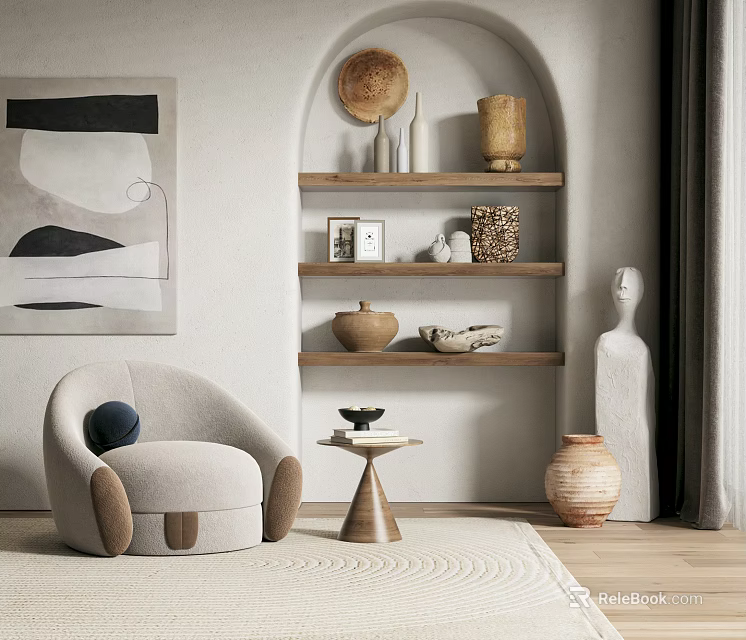 Modern Single Sofa With Decorative Shelves Small Side Table Abstract Painting And Clay Pots 3d model 