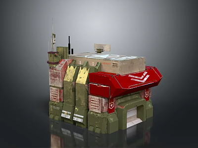 3D Military Facility Model Featuring Green Red Structure Antenna And Entrance Design 3d model