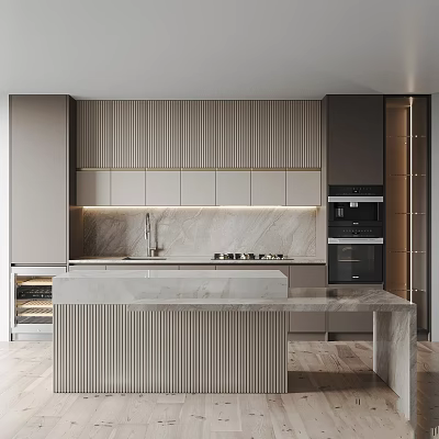 Modern Kitchen Cabinets With Marble Countertop Island Built-in Appliances And Lighting 3d model