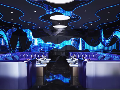 Elegant Modern KTV Interior With Blue Lighting Curved Decorations Sofas And Tables 3d model