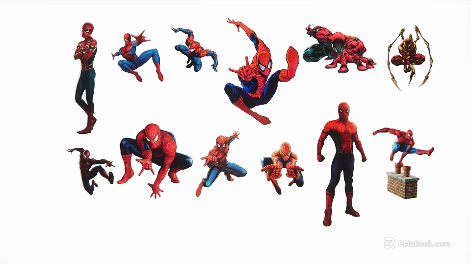 Multiple Spider-Man Superhero Silhouettes Collection Featuring Various Dynamic Action Poses Design 3d model 