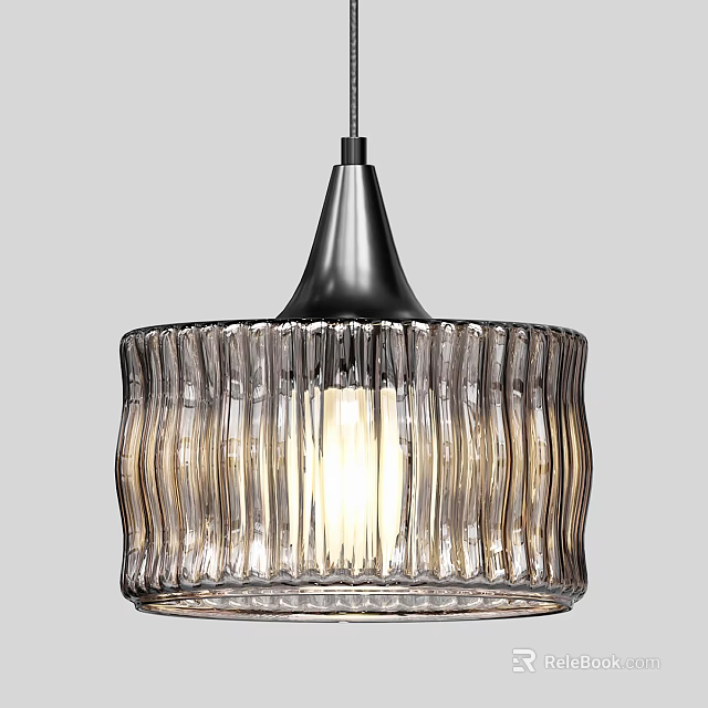 Modern Ribbed Glass Pendant Light with Metallic Cone Shade and Illuminated Interior 3d model 