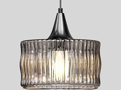 Modern Ribbed Glass Pendant Light with Metallic Cone Shade and Illuminated Interior 3d model