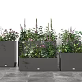 Potted Plants in Gray Rectangular Planters with Green Plants and Purple Flowers on Gray Floor