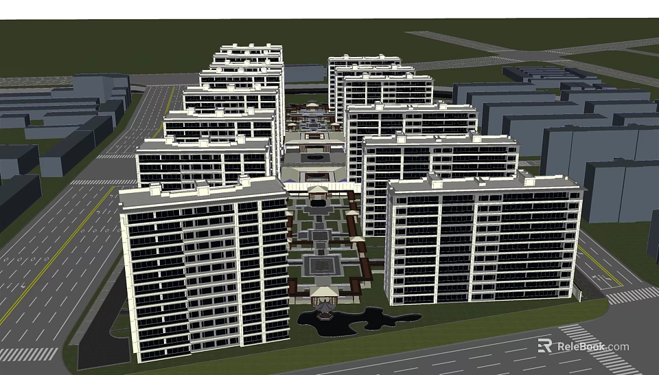 Modern High Rise Residential Complex With Arranged Apartment Buildings Central Courtyard And Greenery 3d model 