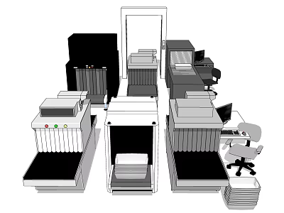 Public Facility Workstation Setup With Document Processing Equipment Desk Chair And Stacked Documents 3d model