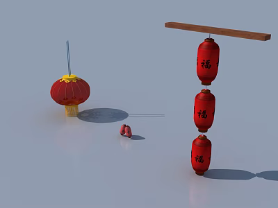 Red Chinese Lanterns With Fu Character Hanging For Traditional Decoration 3d model