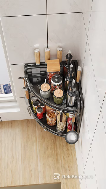 Practical Kitchen Corner Storage Accessories Set With Spice Jars Knives And Wooden Containers 3d model 