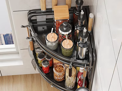 Practical Kitchen Corner Storage Accessories Set With Spice Jars Knives And Wooden Containers 3d model