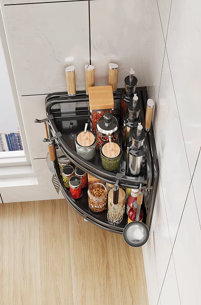 Practical Kitchen Corner Storage Accessories Set With Spice Jars Knives And Wooden Containers 3d model