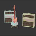 Light Blue Electric Guitar With Two Pink Amplifiers On Dark Reflective Background