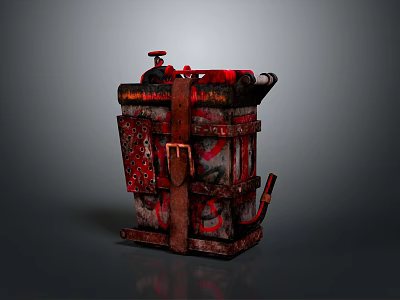 Vintage Rusty Metal Bucket With Red Straps And Pipes As Household Storage Item 3d model