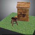 Wooden Beehive And Small Stool On Green Grass Ground Scene