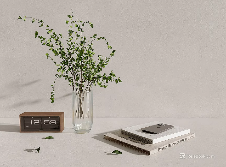 Modern Decorative Ornament Set With Green Plant Glass Vase Wooden Clock Books And Mobile Phone 3d model 