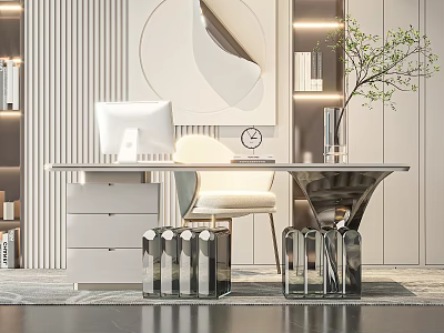 Elegant Modern Study Room Interior With Desk Computer Chair Bookshelves And Circular Art 3d model