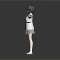 Child With Blue Gray Hair White Sweater Pink Bow Brown Pleated Skirt Arms Outstretched