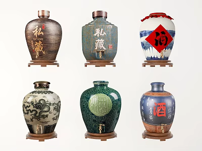 Ceramic Wine Jars with Various Designs Chinese Characters Dragon Patterns and Wooden Bases 3d model