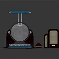 Vintage Computer System With Round Monitor Keyboard Red Button And Brunswick Speaker