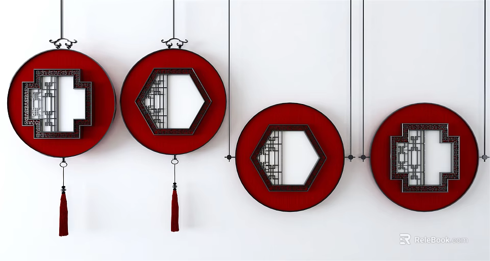 Traditional Chinese Red Circular Hexagonal Wall Decor with Lattice Patterns and Tassels on White Background 3d model 