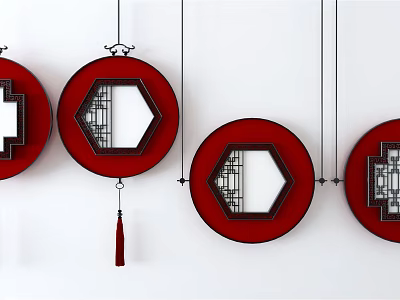 Traditional Chinese Red Circular Hexagonal Wall Decor with Lattice Patterns and Tassels on White Background 3d model