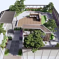 Rooftop Garden With Wooden Deck Stone Pathways Greenery And Seating Area