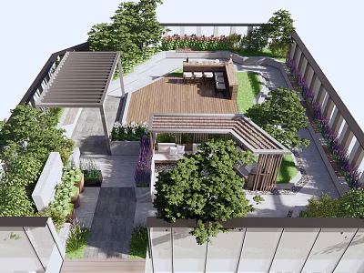 Rooftop Garden With Wooden Deck Stone Pathways Greenery And Seating Area 3d model