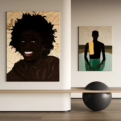 Two Portrait Paintings Featuring Curly Hair Smiling Figure And Standing Man In Green Pants 3d model