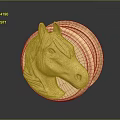 Golden Horse Head Design Round Metallic Chandelier With Shiny Surface And Dark Background
