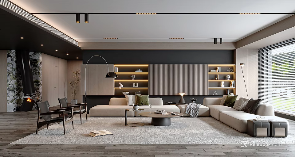 Modern Living Room Interior Design With L Shaped Sofa Bookshelves And Pendant Lights 3d model 