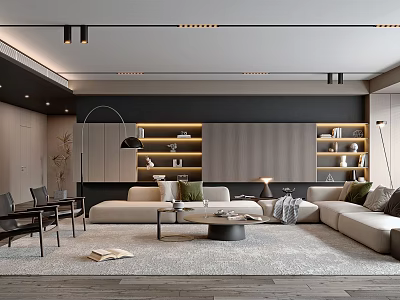 Modern Living Room Interior Design With L Shaped Sofa Bookshelves And Pendant Lights 3d model