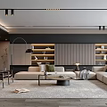 Modern Living Room Interior Design With L Shaped Sofa Bookshelves And Pendant Lights