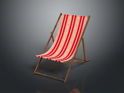 Classic Wooden Frame Deck Chair With Red And White Striped Fabric Design 3d model