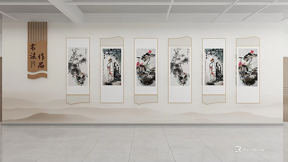 Campus Culture Wall Displaying Traditional Chinese Paintings And Calligraphy Artworks 3d model 