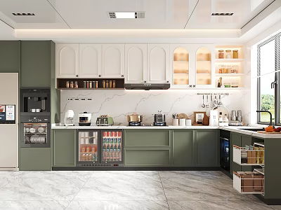 Modern Green And White Kitchen Interior With Glass Front Cabinets Marble Countertop And Appliances 3d model