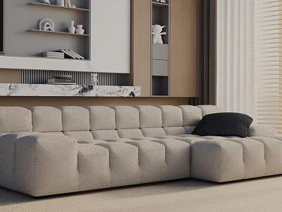 Light Gray Tufted Three Seater Sofa With Black Cushion In Modern Living Room 3d model