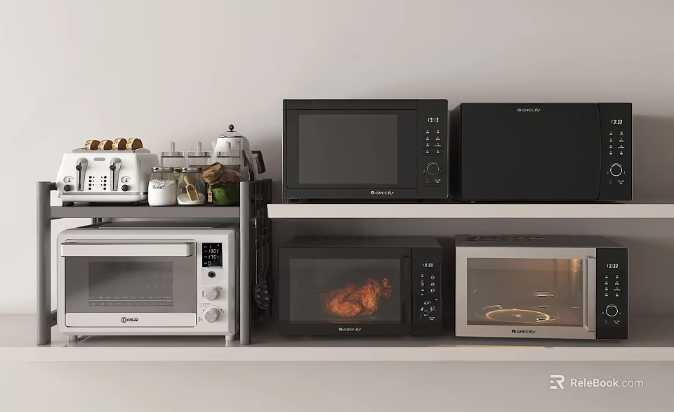 Different Types of Household Kitchen Appliances with Toaster Coffee Maker Microwave and Oven on Shelves 3d model 