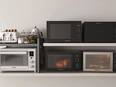 Different Types of Household Kitchen Appliances with Toaster Coffee Maker Microwave and Oven on Shelves 3d model
