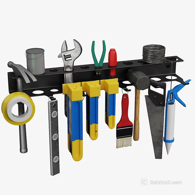 Organized Hardware Tools On Wall Mounted Tool Rack With Wrench Pliers Hammer And Brush 3d model