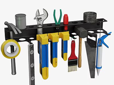Organized Hardware Tools On Wall Mounted Tool Rack With Wrench Pliers Hammer And Brush 3d model