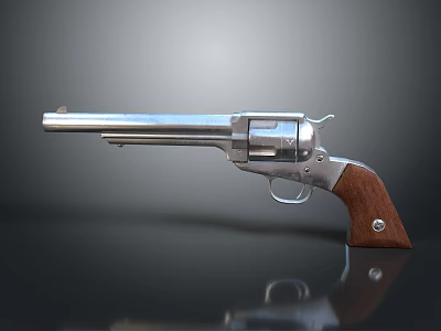 Classic Revolver With Silver Metal Body Wooden Grip And Reflection On Black Surface 3d model