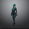 Sleek Futuristic Female Character With Teal Hair Black Bodysuit Green Glowing Lines