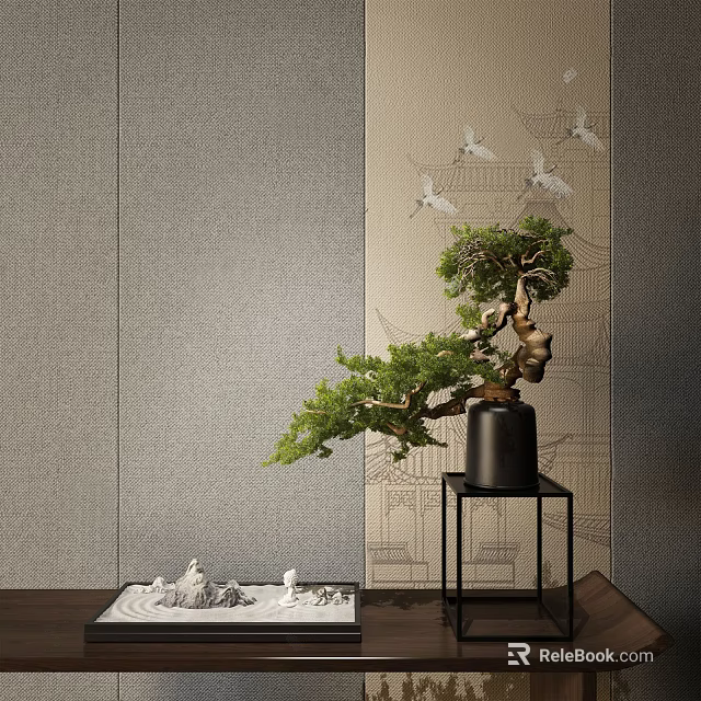 Stylish Bonsai Plant in Black Pot on Small Stand with Gray Wall and Cranes Pattern 3d model 