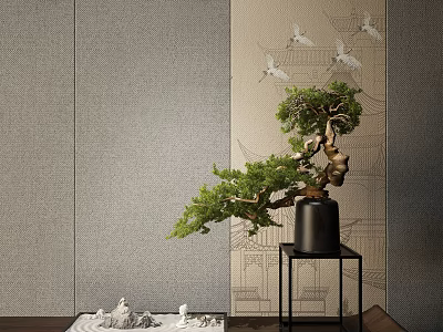 Stylish Bonsai Plant in Black Pot on Small Stand with Gray Wall and Cranes Pattern 3d model