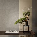 Stylish Bonsai Plant in Black Pot on Small Stand with Gray Wall and Cranes Pattern