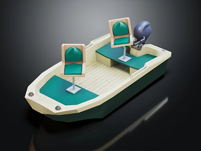 Detailed Small Boat Model With Green Seats Blue Motor And Beige Wooden Floor 3d model