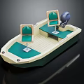 Detailed Small Boat Model With Green Seats Blue Motor And Beige Wooden Floor