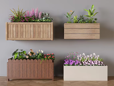 Hanging And Floor Wooden Flower Boxes With Colorful Flowers And Green Plants 3d model
